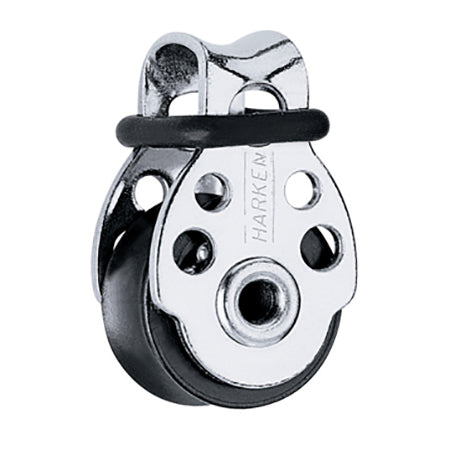 Stainless Steel Pulley with one black sheave and smooth saddle for attachment.