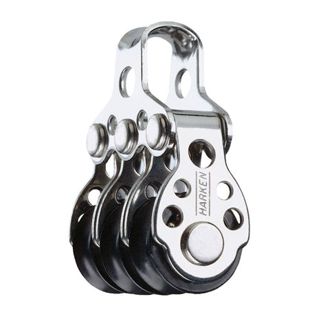 Stainless Steel Pulley with three black sheaves and smooth saddle for attachment.