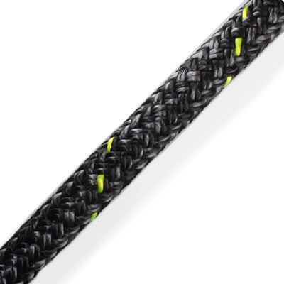 Close up of black/grey Marlow D2 Racing Rope with neon yellow flecks in the braid.