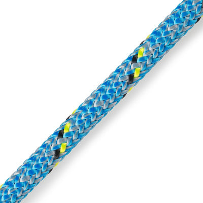 Close up of blue/grey Marlow D2 Racing Rope with black and neon yellow flecks in the braid.