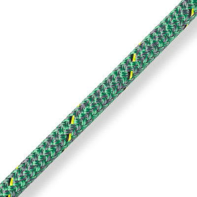Close up of green/grey Marlow D2 Racing Rope with black and neon yellow flecks in the braid.
