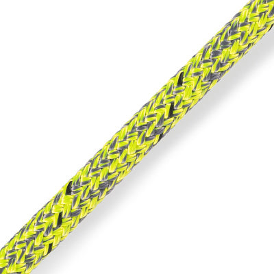 Close up of lime/grey Marlow D2 Racing Rope with black and neon yellow flecks in the braid.