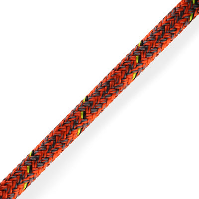 Close up orange/grey Marlow D2 Racing Rope with black and neon yellow flecks in the braid.