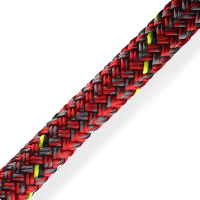 Close up red/grey Marlow D2 Racing Rope with black and neon yellow flecks in the braid.