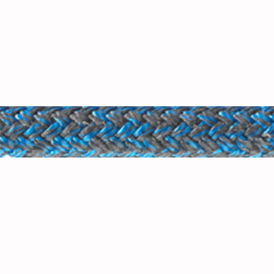 Close up of blue Poly Tech rope demonstrating the weave. Rope color is blue and grey flecked.