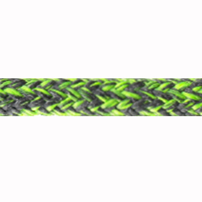 Close up of green Poly Tech rope demonstrating the weave. Rope color is lime green and grey flecked.