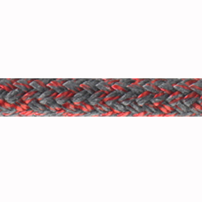 Close up of red Poly Tech rope demonstrating the weave. Rope color is red and grey flecked.