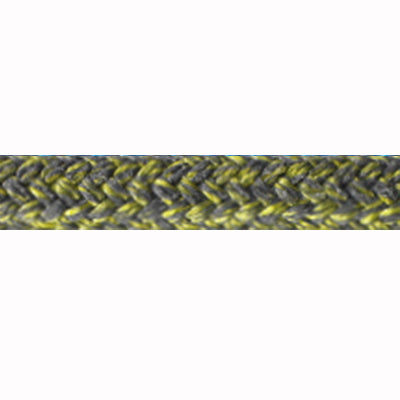 Close up of yellow Poly Tech rope demonstrating the weave. Rope color is yellow and grey flecked.