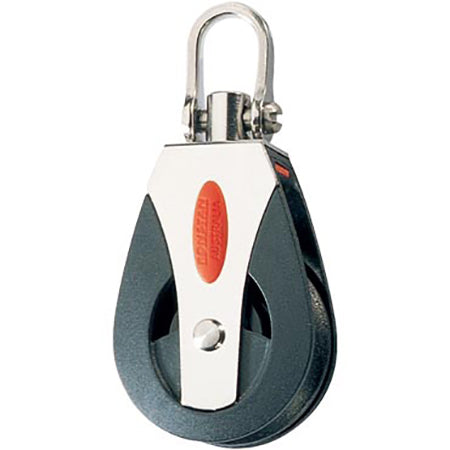 Single Nylatron sheave with stainless steel side plates and swivel post and top shackle