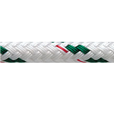 Double braid Sta-Set rope, white with green flecks and red tracer.