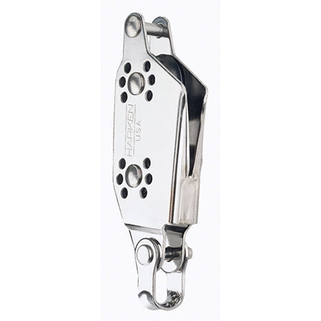 Stainless Steel Pulley with two black sheaves in a vertical alignment, a becket, shackle and a V cut to hold line.